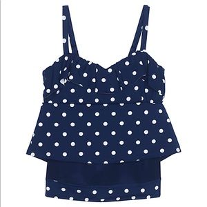 Lands End Polka Dot Ruffle Tankini navy blue and white GUC